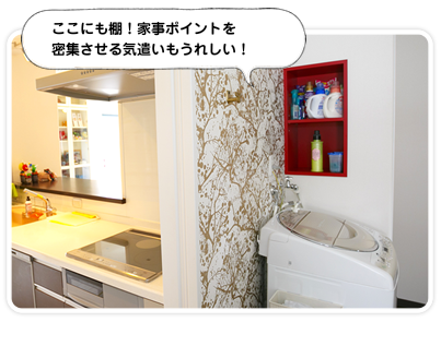 洗濯機の壁に洗剤専用収納棚。